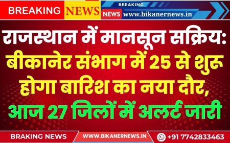 राजस्थान में मानसून सक्रिय: बीकानेर संभाग में 25 से शुरू होगा बारिश का नया दौर, आज 27 जिलों में अलर्ट जारी