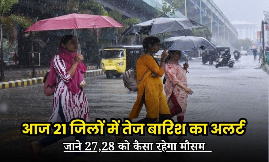 आज 21 जिलों में तेज बारिश का अलर्ट, जाने 27,28 को कैसा रहेगा मौसम